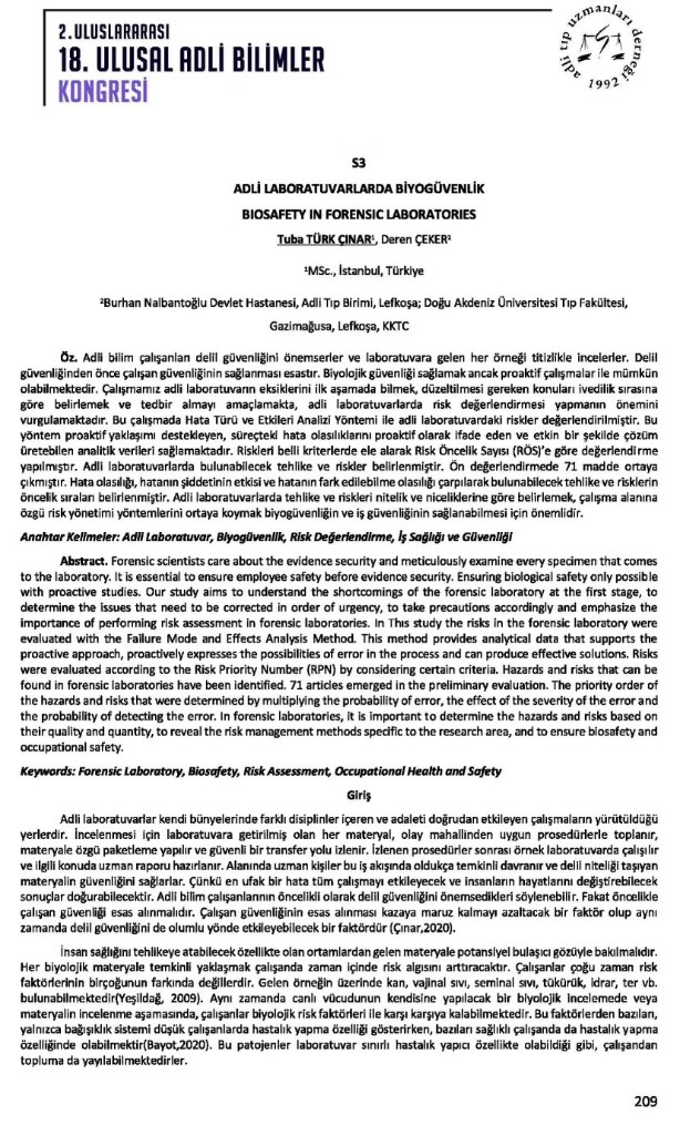 Adli laboratuvarlarda biyogüvenlik, Adli Bilimler Kongresi bildirisi
