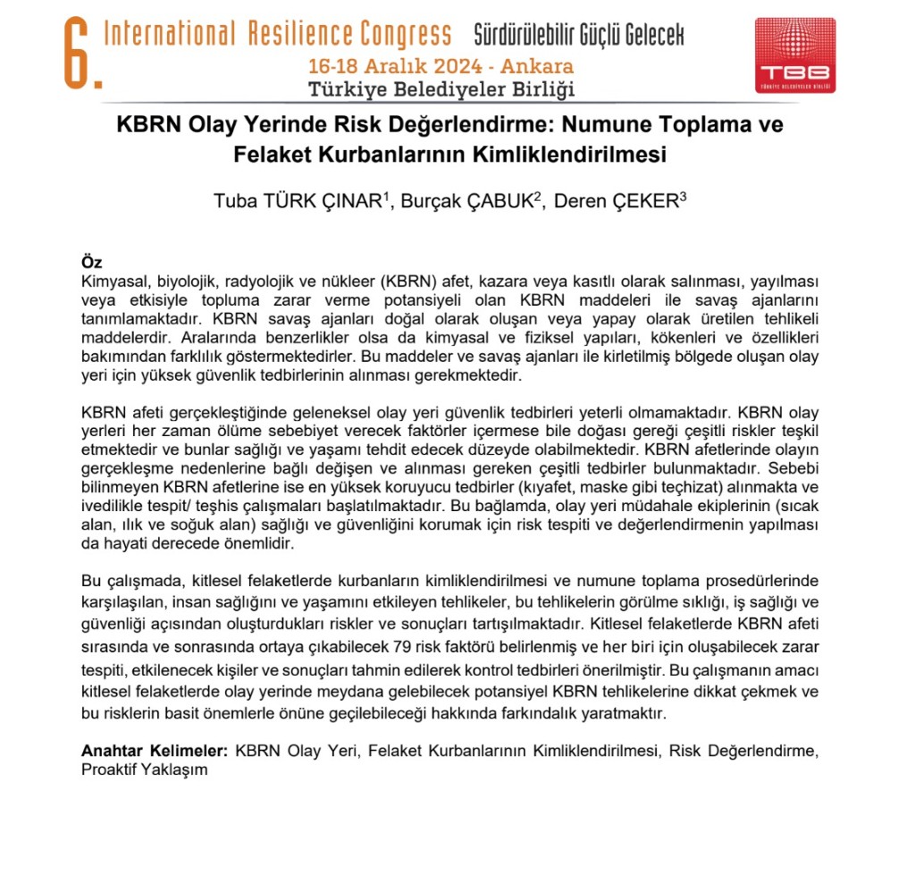 KBRN olay yerinde risk değerlendirme kongre bildirisi