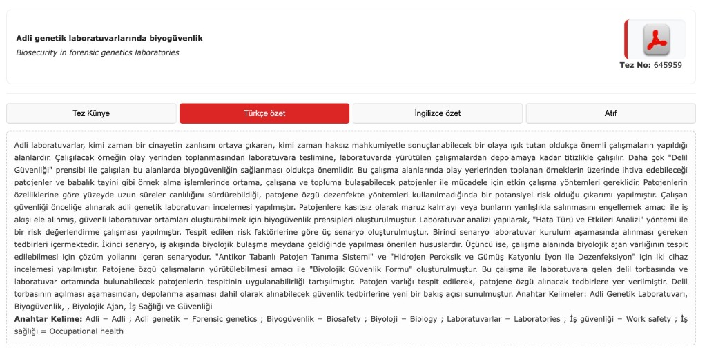 Adli genetik laboratuvarlarında biyogüvenlik tezi özeti