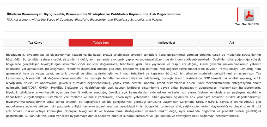 Ülkelerin biyoemniyet, biyogüvenlik ve biyosavunma stratejileri tezi Türkçe özeti, Tez No 940729