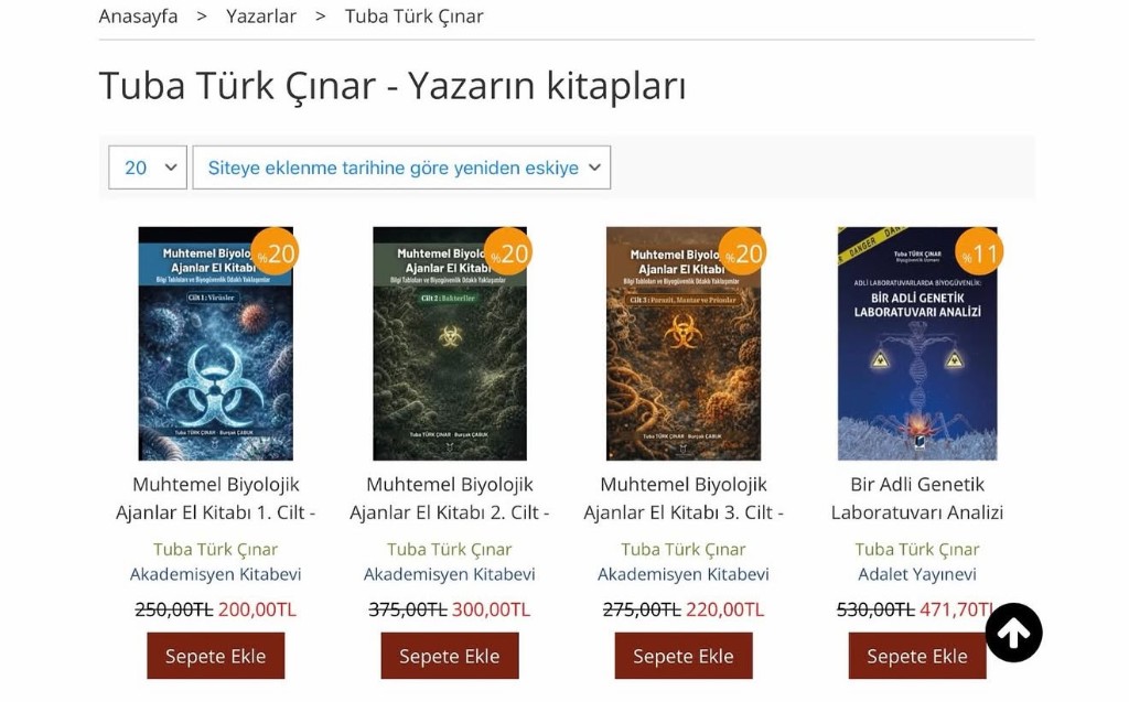 Tuba Türk Çınar — yazarın kitapları: Muhtemel Biyolojik Ajanlar El Kitabı üç cilt ve Bir Adli Genetik Laboratuvarı Analizi